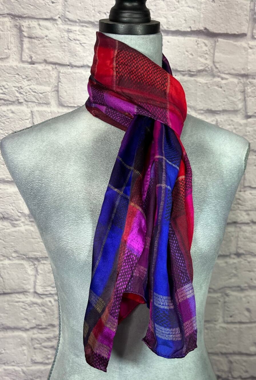 Vintage Vibrant Red, Purple and Pink Plaid Silk Scarf